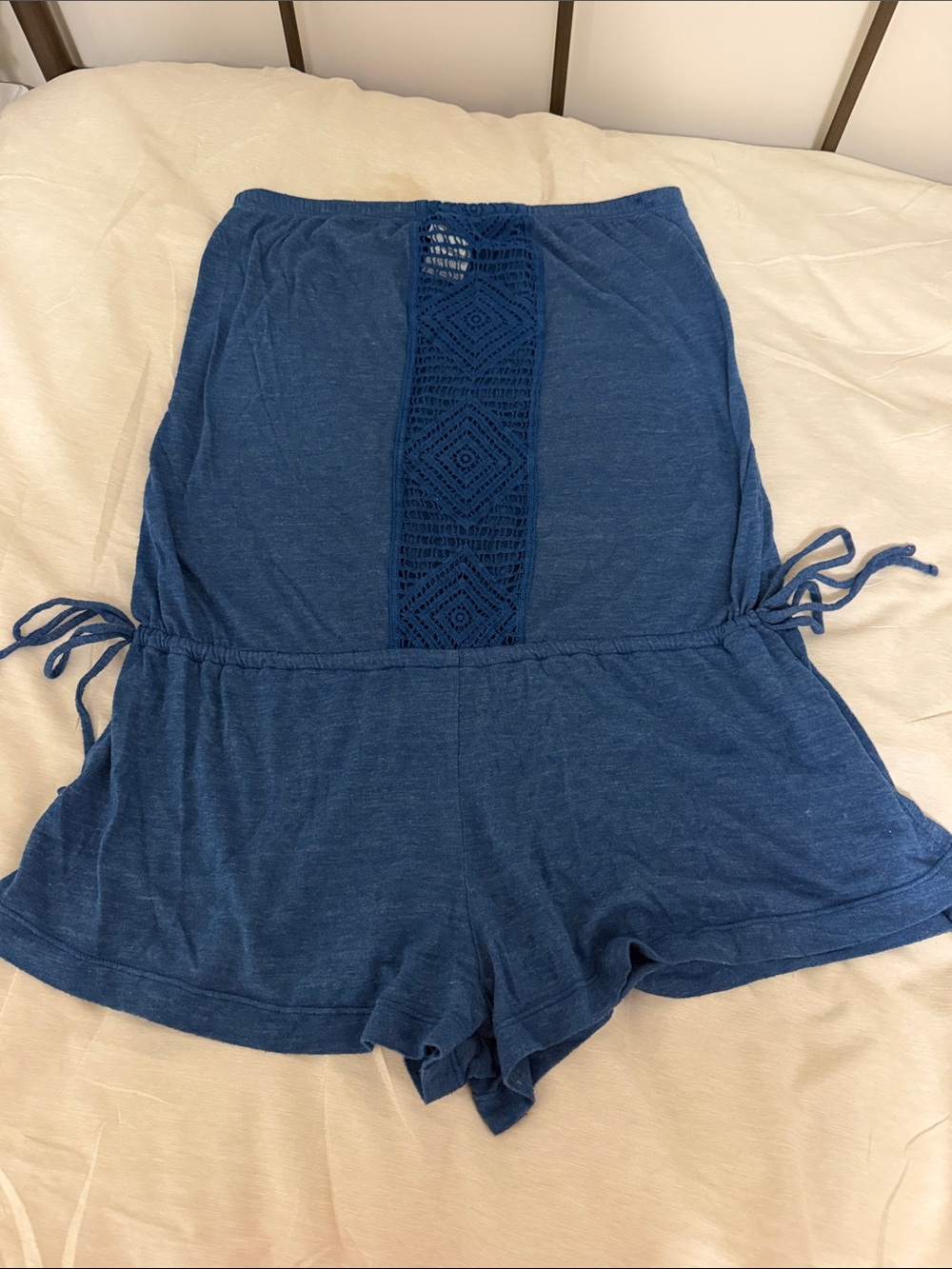 Lucky Brand Blue Crochet-Trim Strapless Cotton Romper